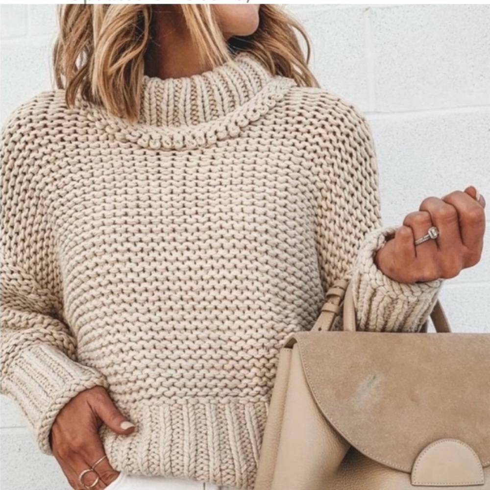 Free People chunky hand knit slightly cropped mock turtleneck sweater